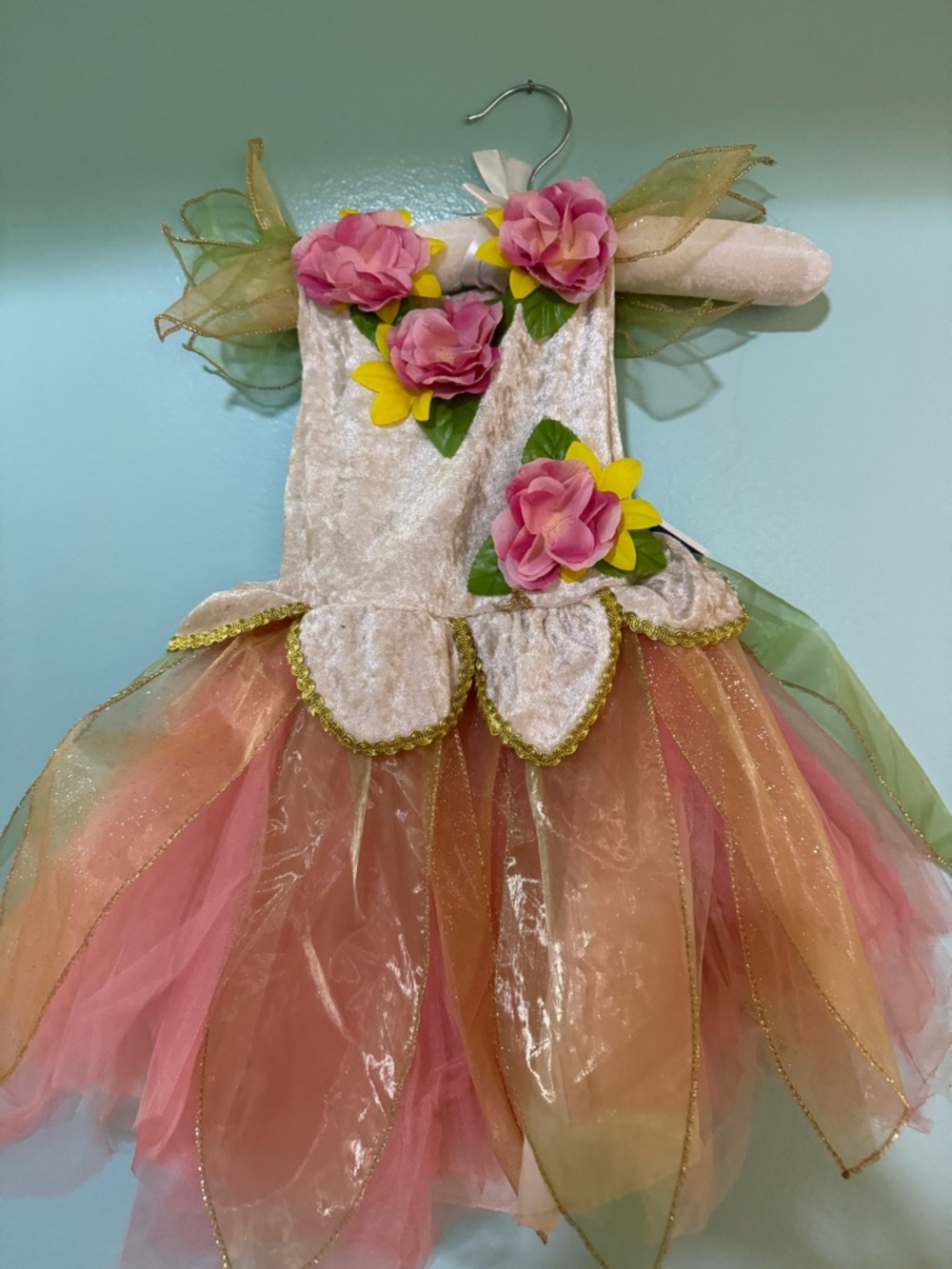 Girls Pink and Peach Floral Fairy Costume with Gold Accents